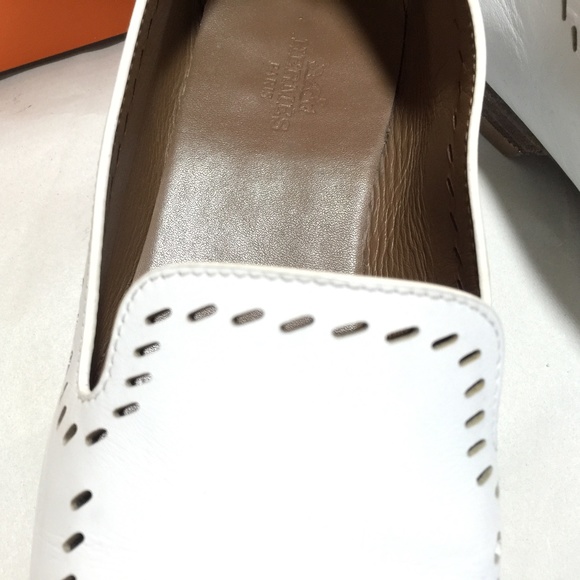 HERMES WHITE LEATHER LOAFERS PERFOR 36-6 flats slides sandals slip on pumps mule - Picture 2 of 7